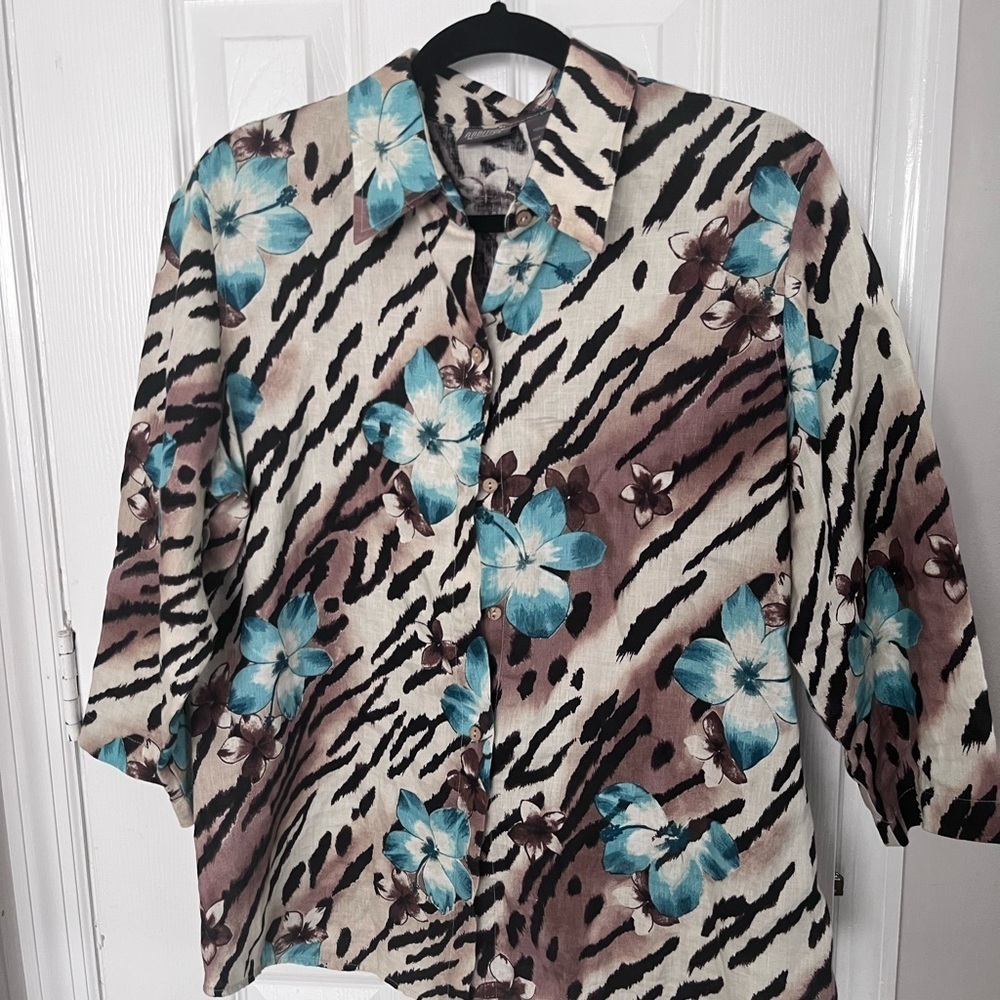 Chico’s Additions Blue Floral Animal mixed Print Women's Top 100% linen size 2